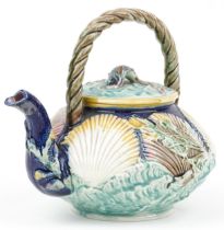 Victorian Majolica teapot decorated in relief with shells and fish, 23cm in length