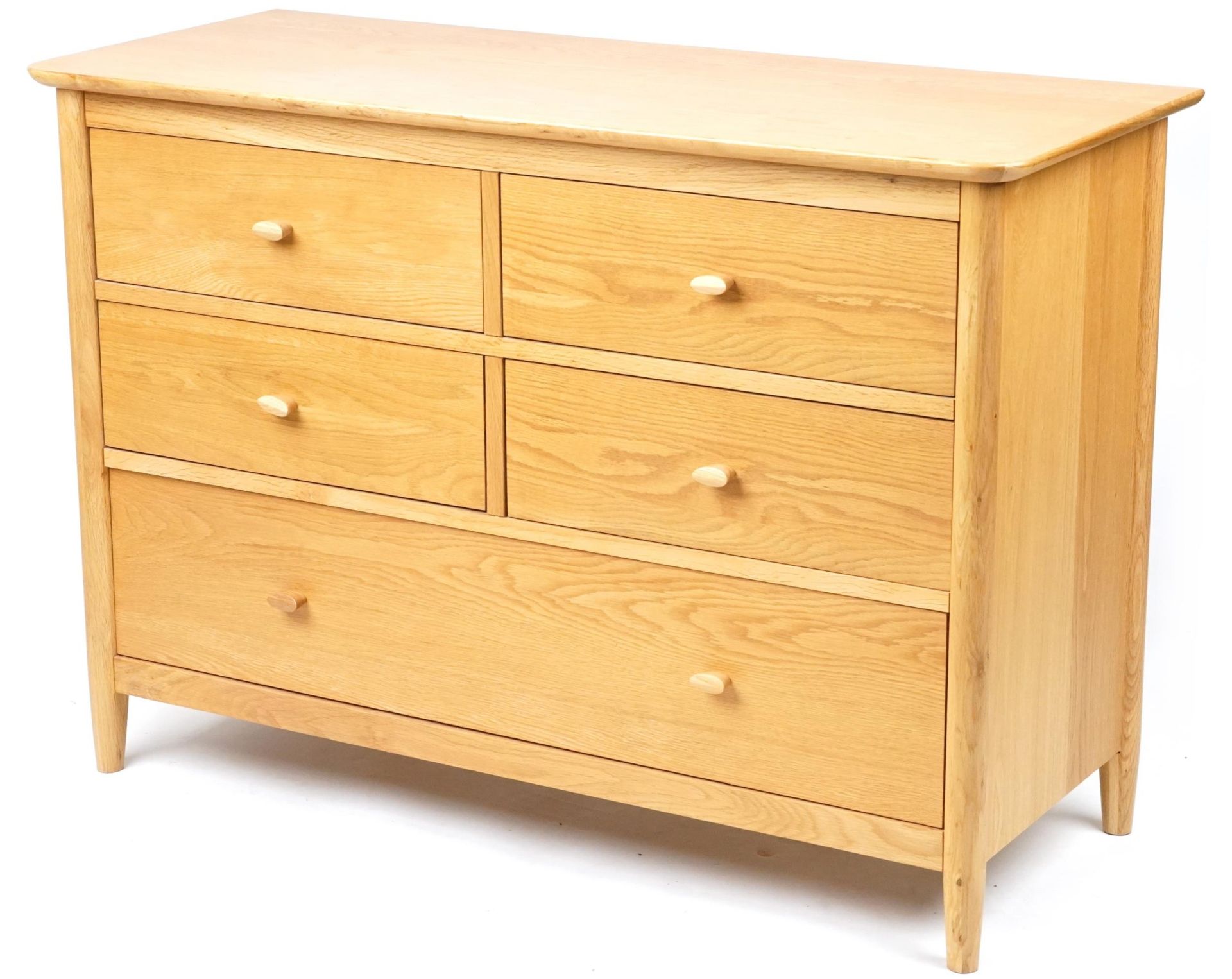Ercol Teramo contemporary light oak five drawer chest, 79cm H x 114cm W x 47cm D