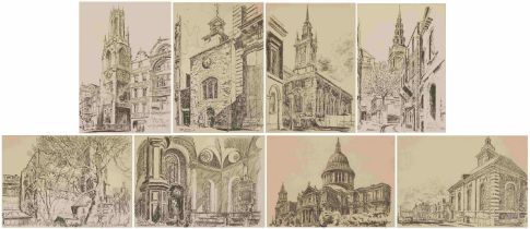 L S Fletcher - Eight prints of London scenes including St Lawrence Jewry, St Ethelburga within