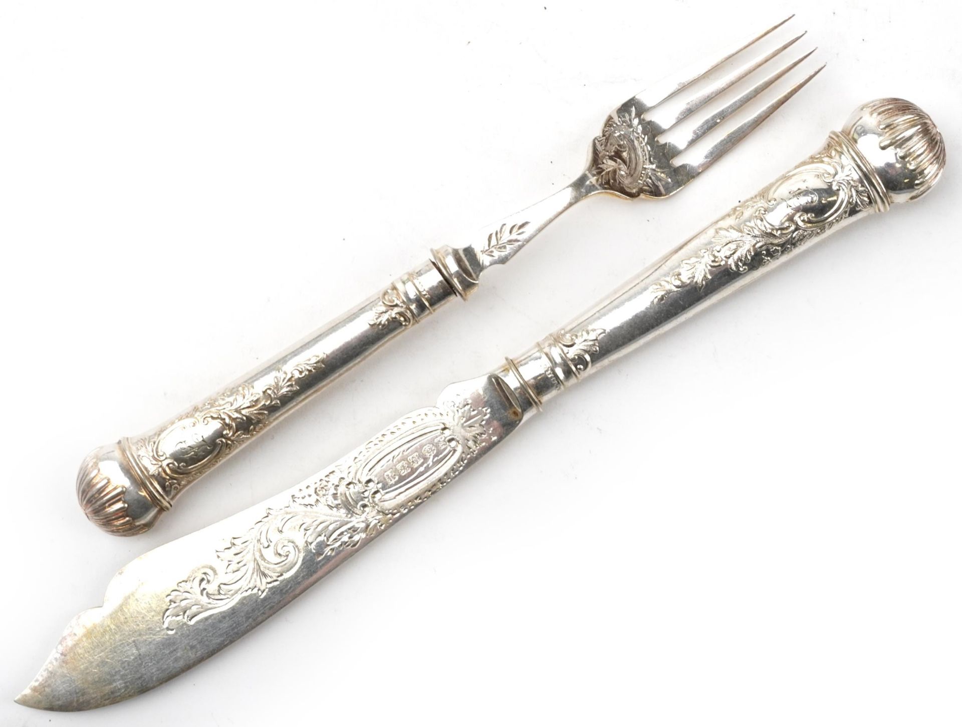Victorian twelve place canteen of silver plated fish knives and forks engraved and embossed with - Image 4 of 8
