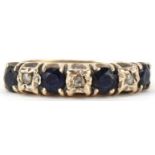 9ct gold black spinel and diamond half eternity ring, size O, 2.0g