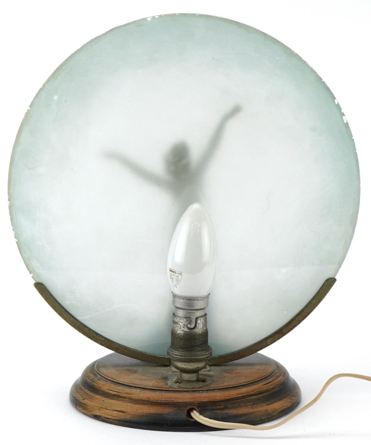 Art Deco porcelain table lamp of a nude female mounted on a wooden base with frosted glass shade, - Image 3 of 4