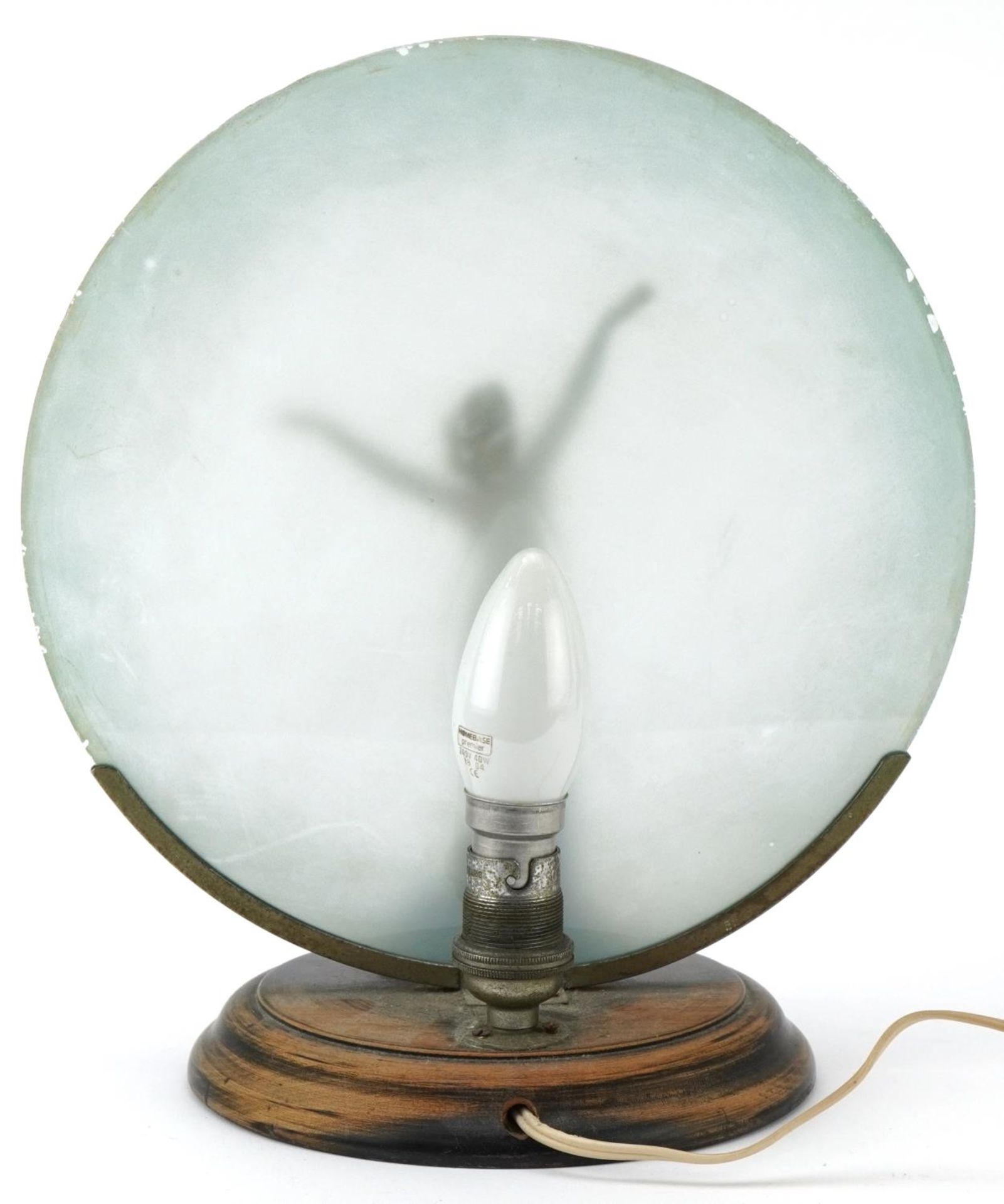 Art Deco porcelain table lamp of a nude female mounted on a wooden base with frosted glass shade, - Bild 3 aus 4