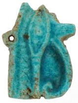Egyptian blue faience glazed Eye of Horus amulet, possibly ancient Egyptian, 3.5cm wide