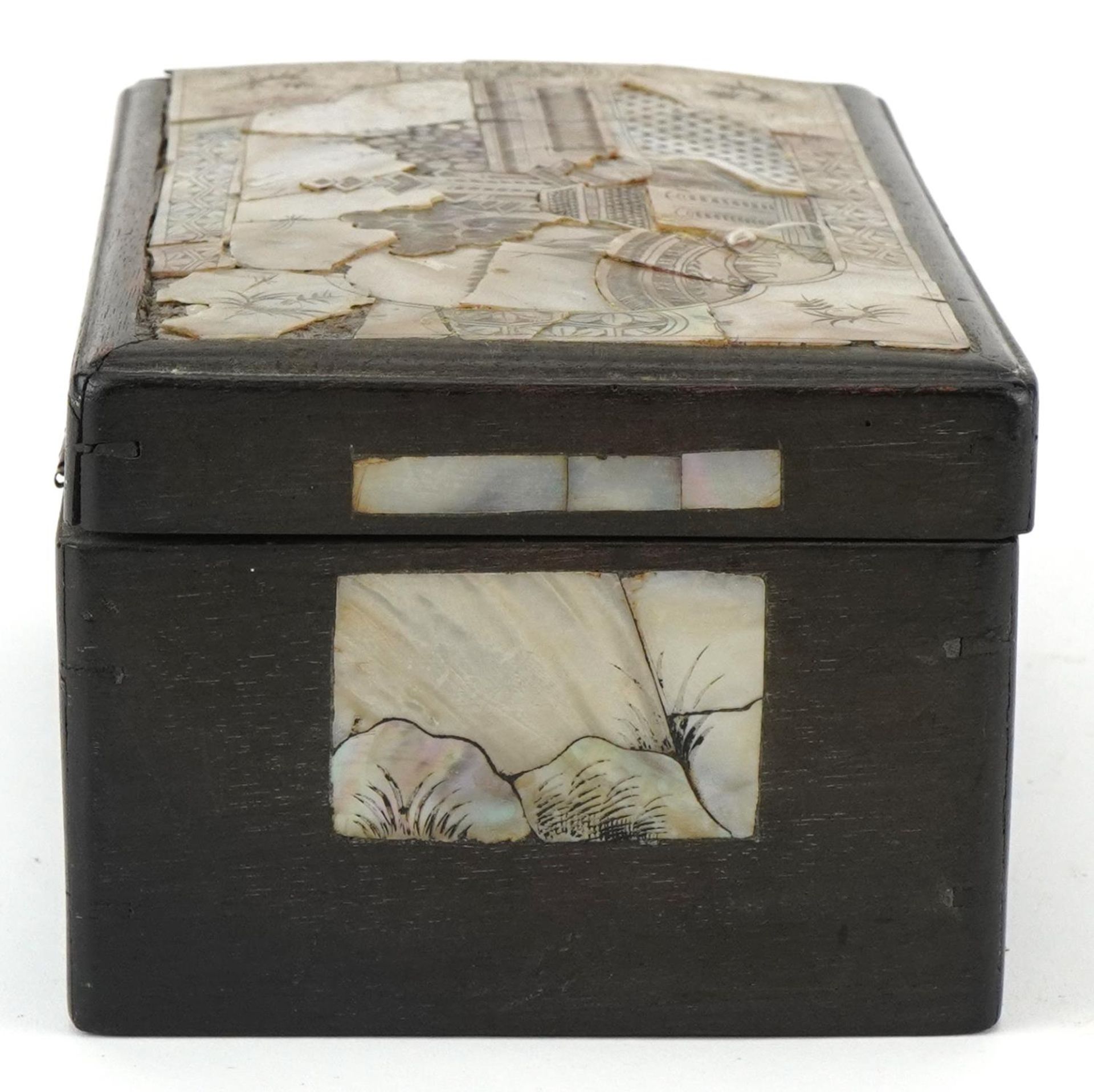 Ebony mother of pearl inlaid box decorated with panels of leaves, the top decorated with a panel - Image 6 of 7