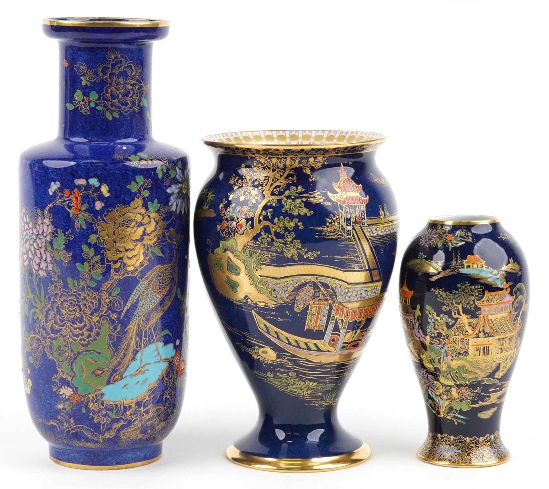 Three Carlton Ware vases including a Rouleau example decorated in the Kang He Rockery & Pheasant