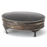 Adie Brothers Ltd, George V silver tortoiseshell pique work jewel box raised on four feet,