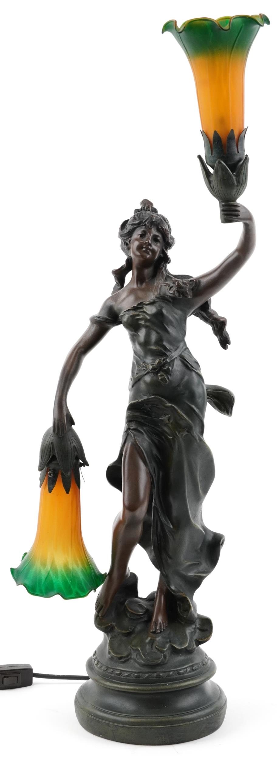 After A Moreau, French style bronzed table lamp in the form of an Art Nouveau female with two orange - Image 2 of 6