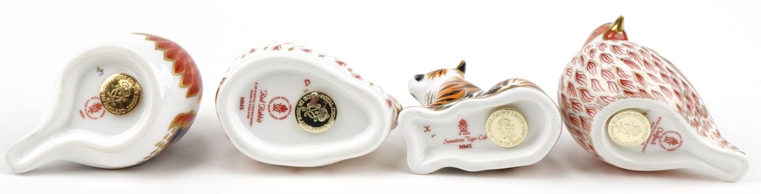 Royal Crown Derby rabbit, Sumatran tiger cub and Chaffinch paperweights with gold coloured - Image 4 of 4