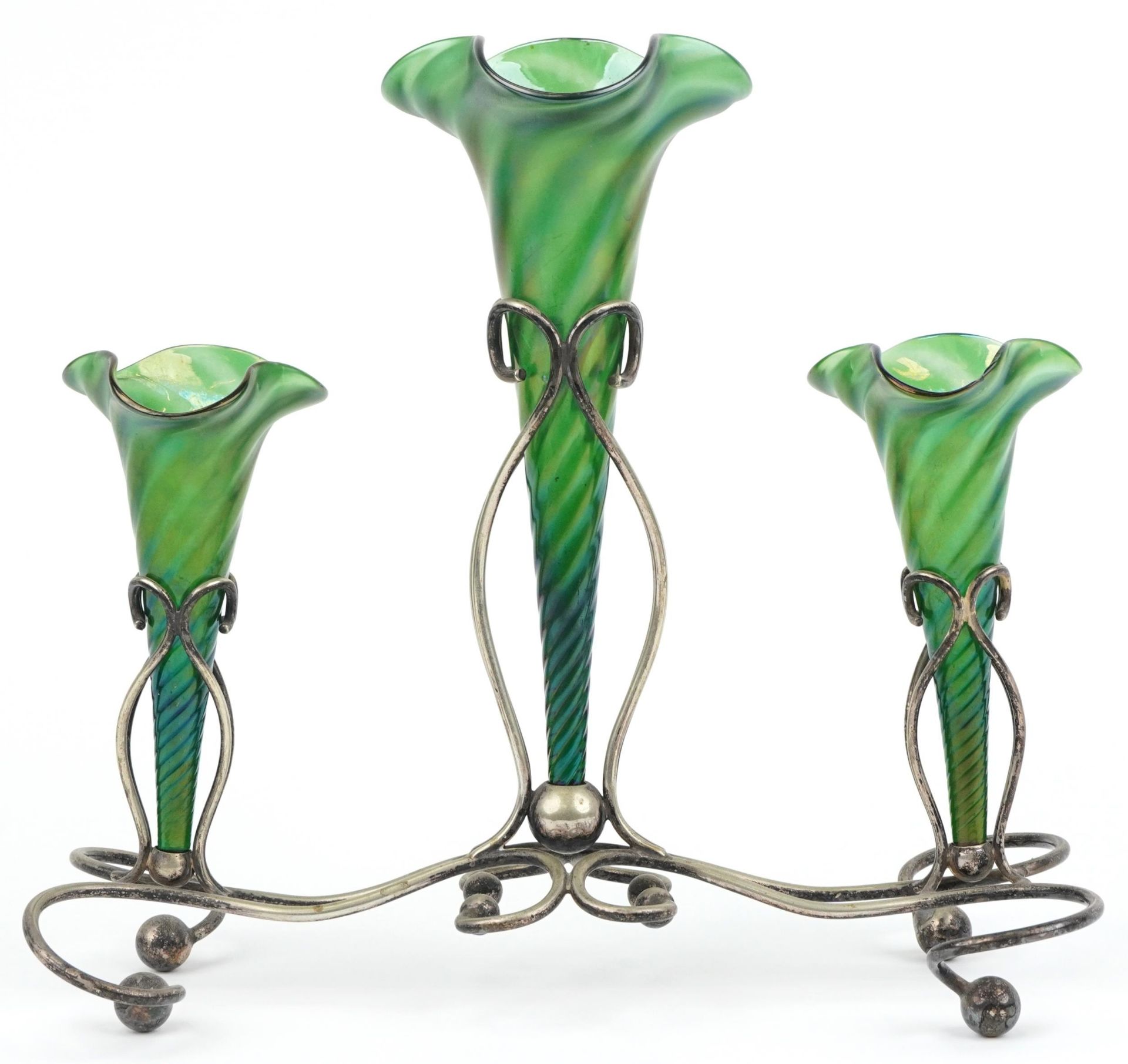 Art Nouveau silver plated three branch epergne stand with three iridescent green glass liners,