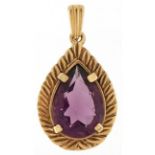 9ct gold purple stone teardrop pendant, 2.8cm high, 3.0g