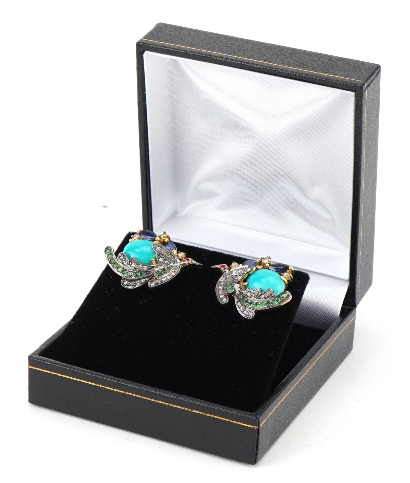 Pair of silver gilt bird of paradise stud earrings set with diamonds, emeralds, sapphires and - Image 3 of 4