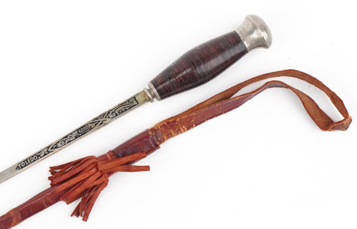 Spanish bull fighting souvenir sword with leather sheath and Toledo blade, 68.5cm in length