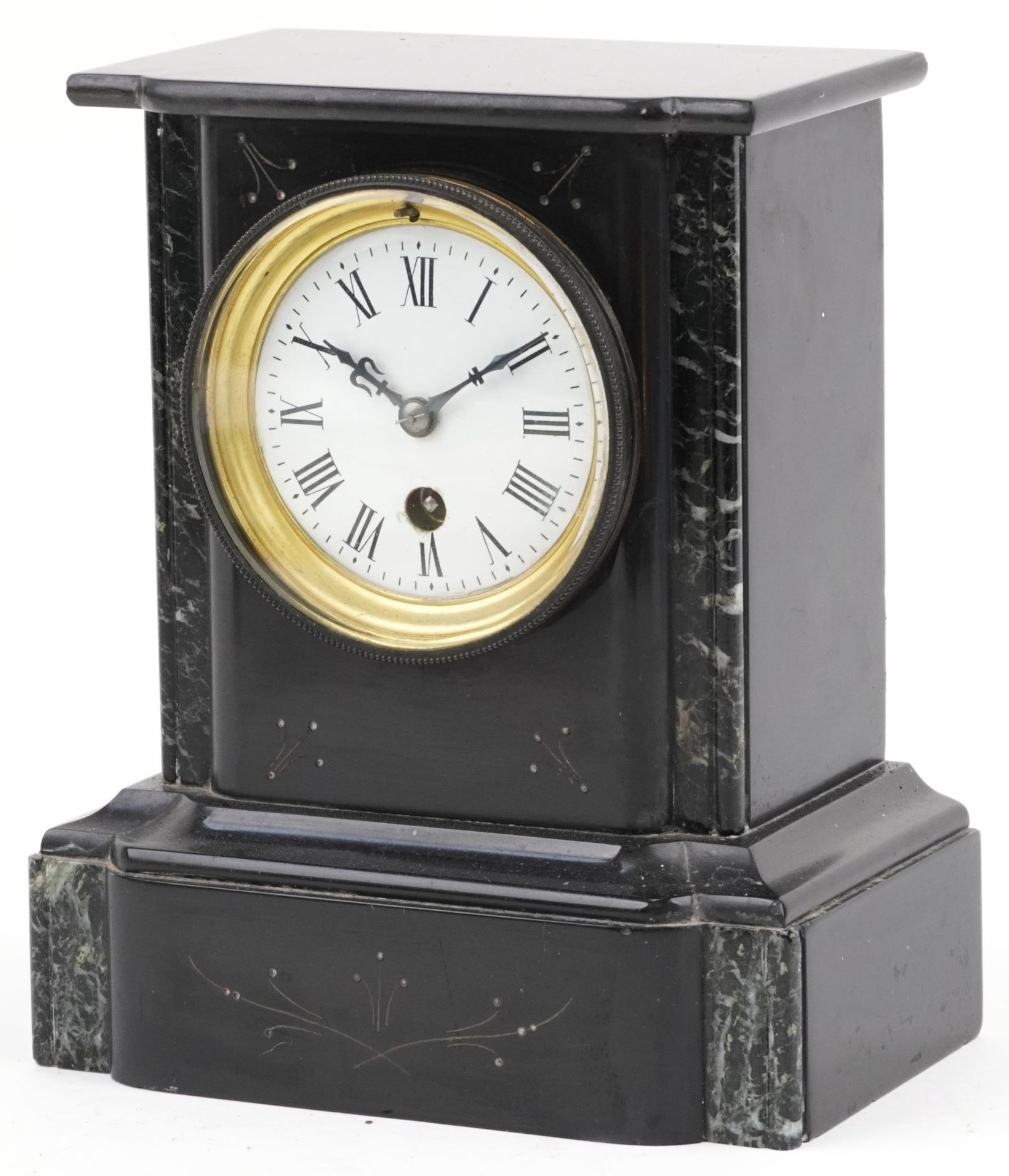 Edwardian black slate mantle clock with enamelled dial, 24cm high