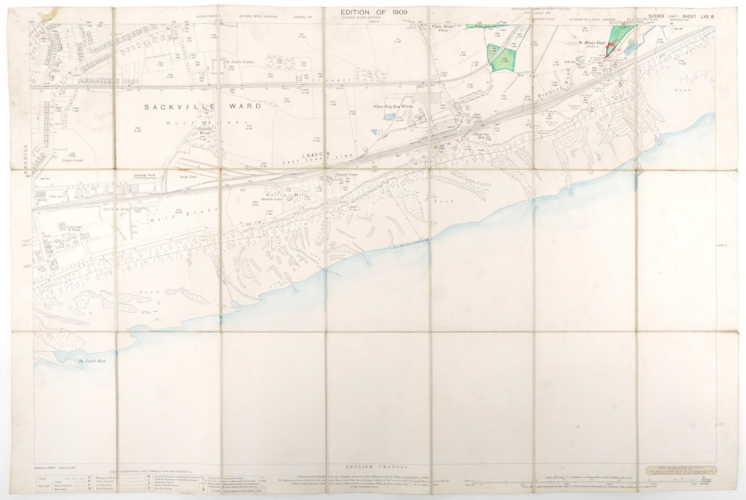 Nine Edwardian coloured folding maps of Sussex farms including Pebsham Farm, Court Lodge Farm, Upper - Image 8 of 21