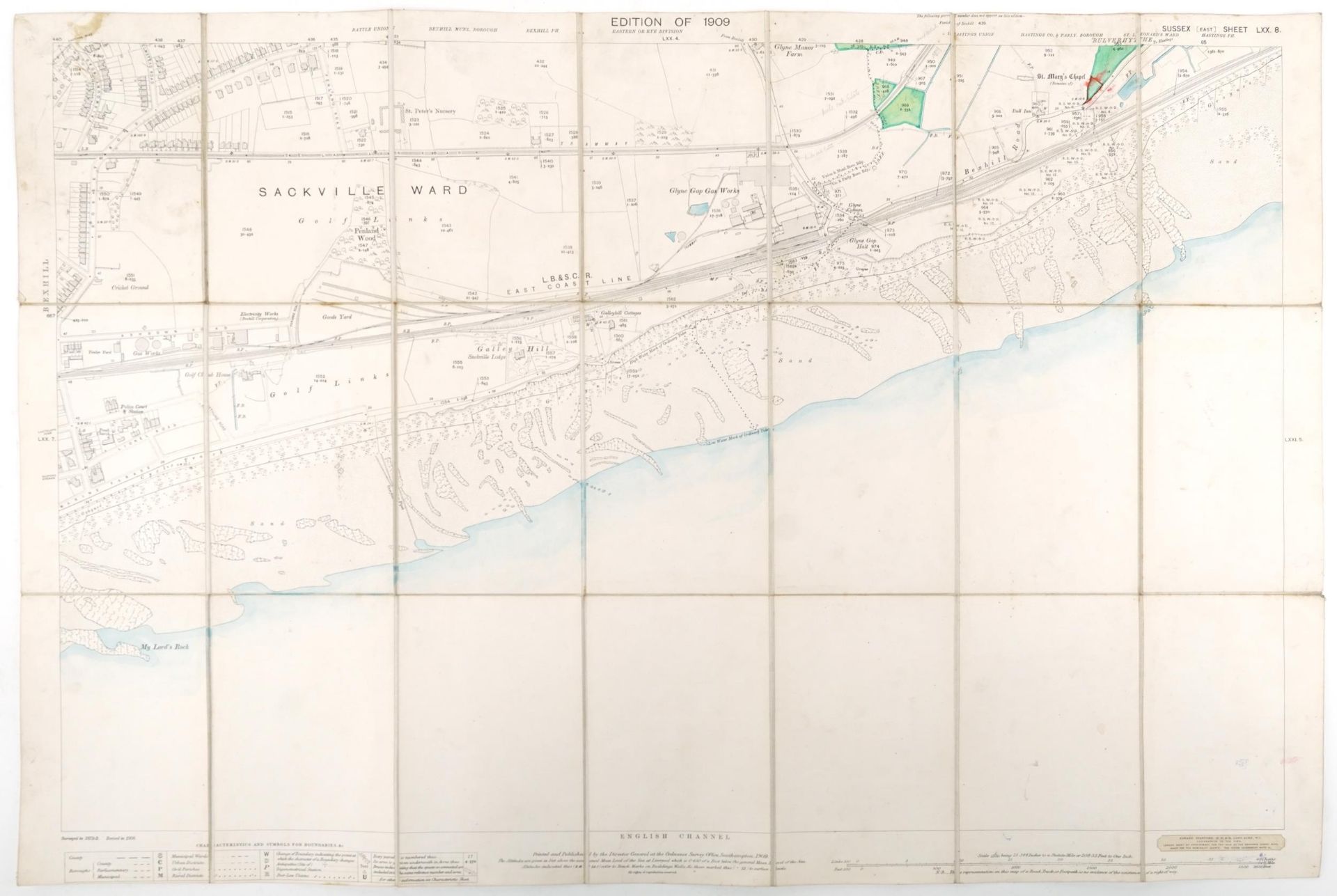 Nine Edwardian coloured folding maps of Sussex farms including Pebsham Farm, Court Lodge Farm, Upper - Image 8 of 21