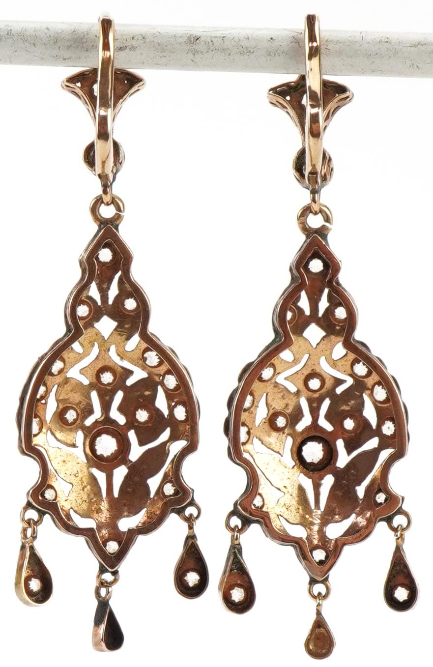 Pair of Spanish gold white topaz drop earrings housed in a J. Gutierrez jeweller's box, each 4.5cm - Image 2 of 3