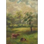 M Johnson - Cattle in wooded field, oil on board, in a gilt frame, 22cm x 16cm excluding frame