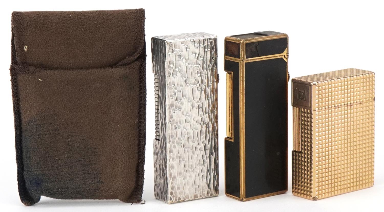 Three vintage pocket lighters, gold plated S J Dupont, silver plated Dunhill bark design and gold - Image 4 of 4