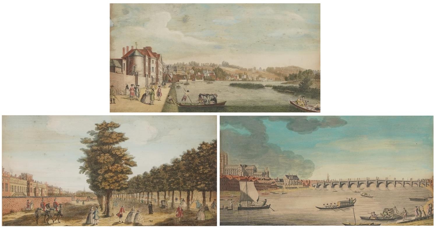 After John Bowles - Westminster Bridge from Lambeth and two others, three 18th century hand coloured