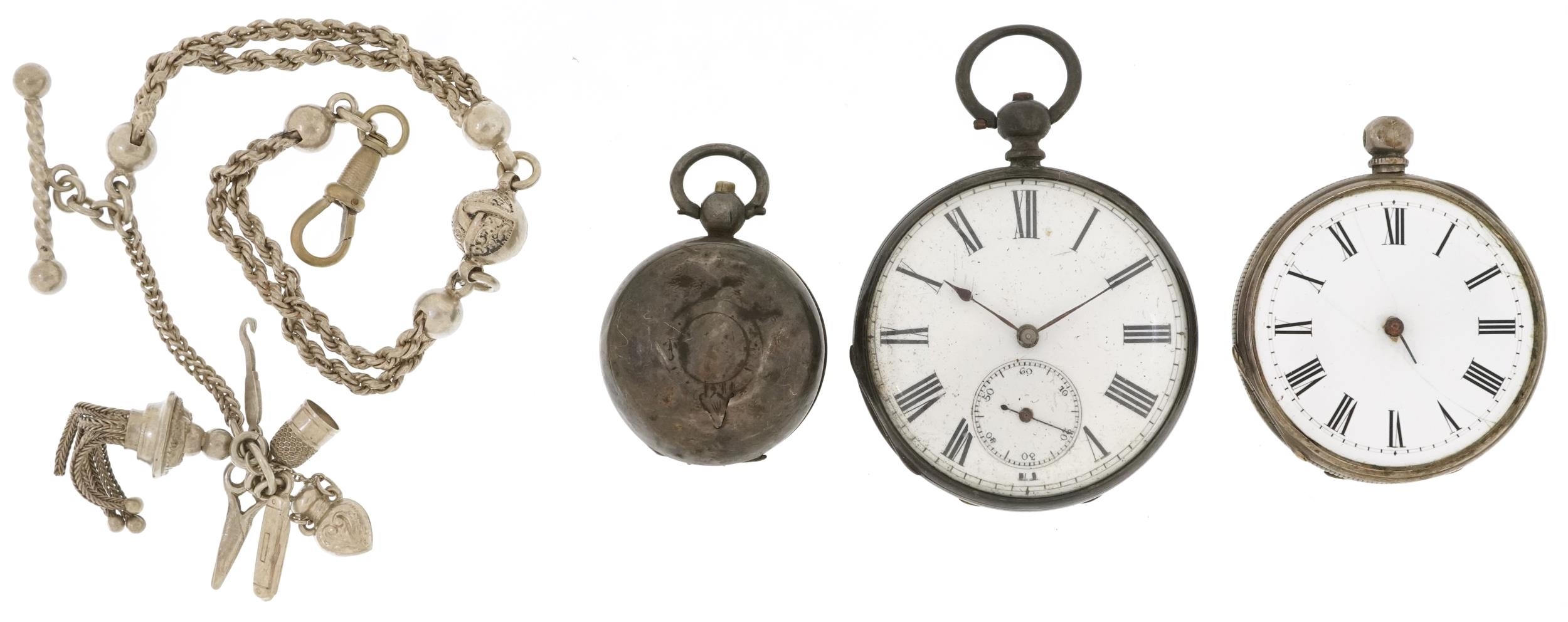 Silver and white metal jewellery comprising two ladies open face pocket watches, white metal watch