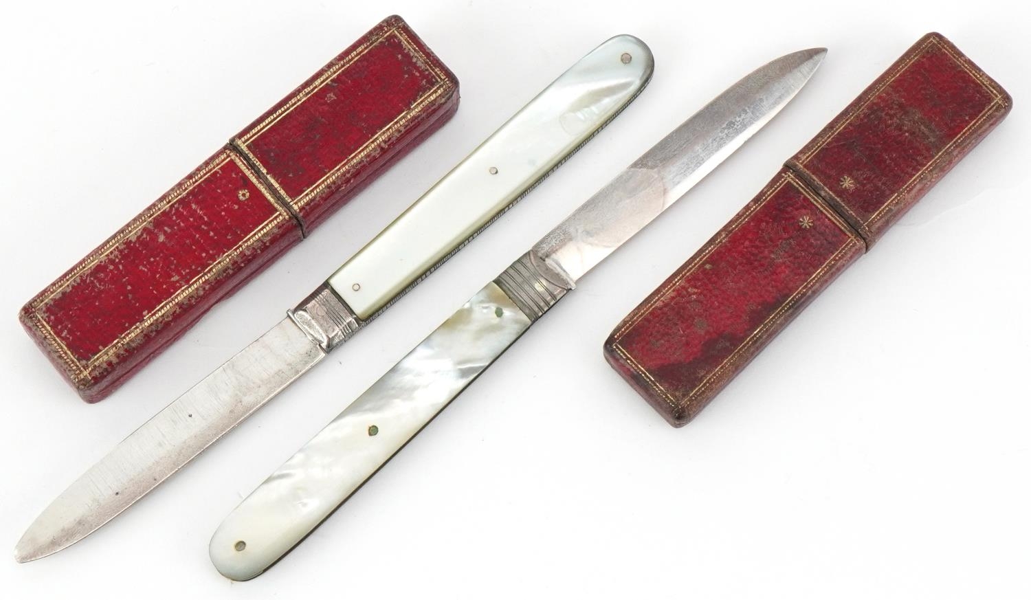 Two Georgian mother of pearl flanked silver folding fruit knives, each housed in a tooled leather - Image 2 of 6