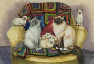 Cats on a sofa with crochet blanket, British school mixed media on paper, mounted and framed, 39cm x