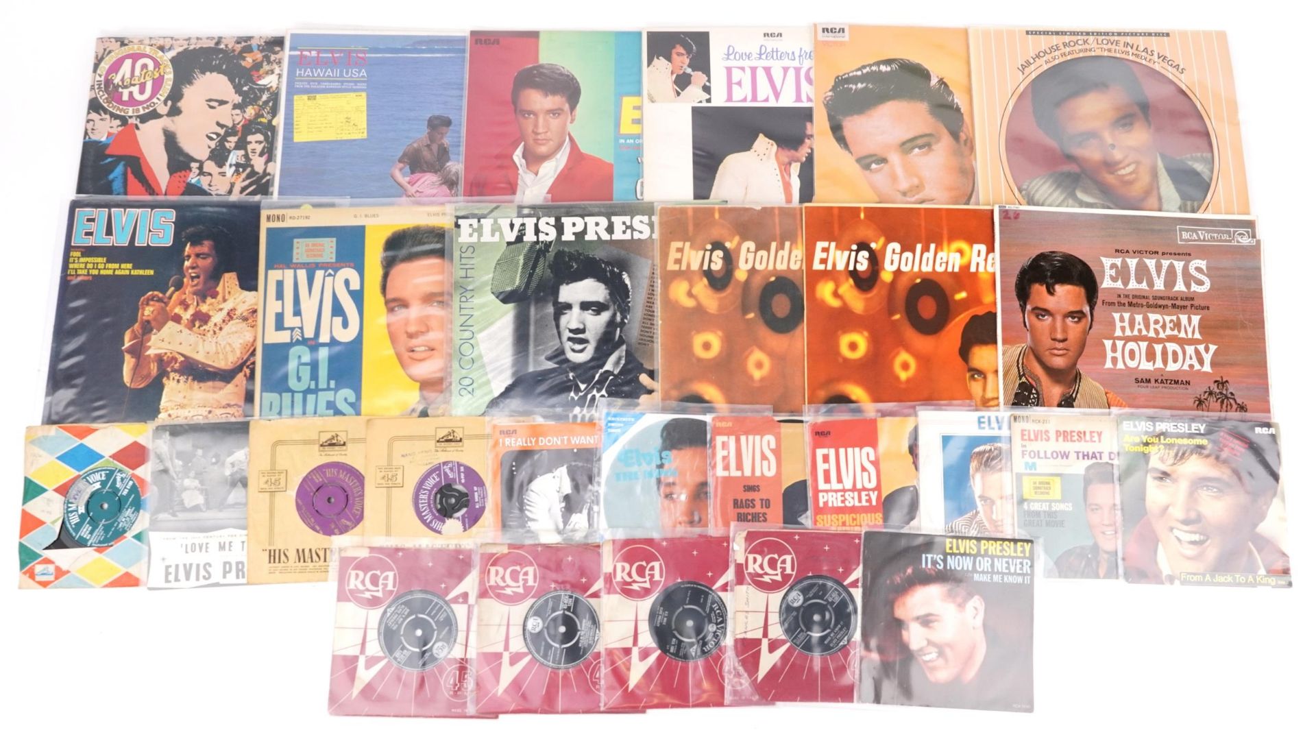 Elvis Presley vinyl LP records and 45rpms including Kissing Cousins, Hawaii USA and Golden Records