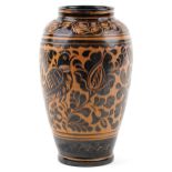 Kiss Mihaly Korond pottery vase with abstract design incised with birds and flowers, 37cm high