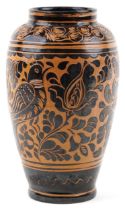 Kiss Mihaly Korond pottery vase with abstract design incised with birds and flowers, 37cm high