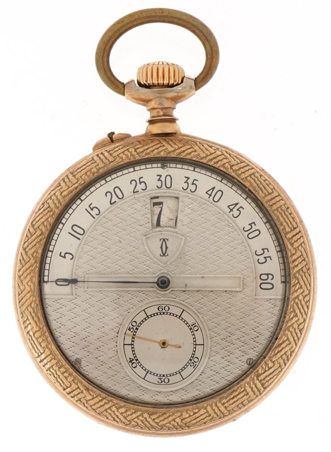 Art Deco style gentlemen's gold plated open face keyless pocket watch having silvered and subsidiary