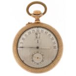 Art Deco style gentlemen's gold plated open face keyless pocket watch having silvered and subsidiary