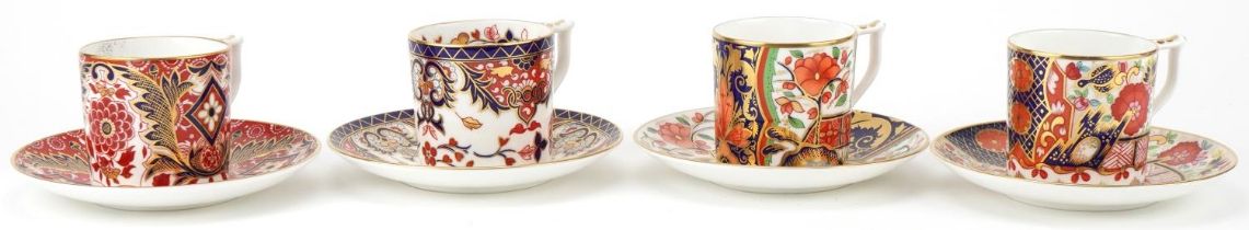 Set of four Royal Crown Derby Curator's Collection 'Pardoe' coffee cans and saucers comprising