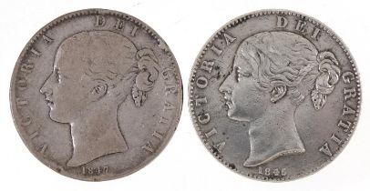 Two Victoria Young Head silver shield back crowns 1845 and 1847