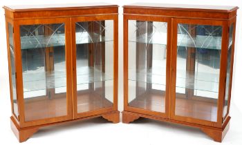 Pair of inlaid yew wood display cabinets, each fitted with two adjustable glass shelves, each