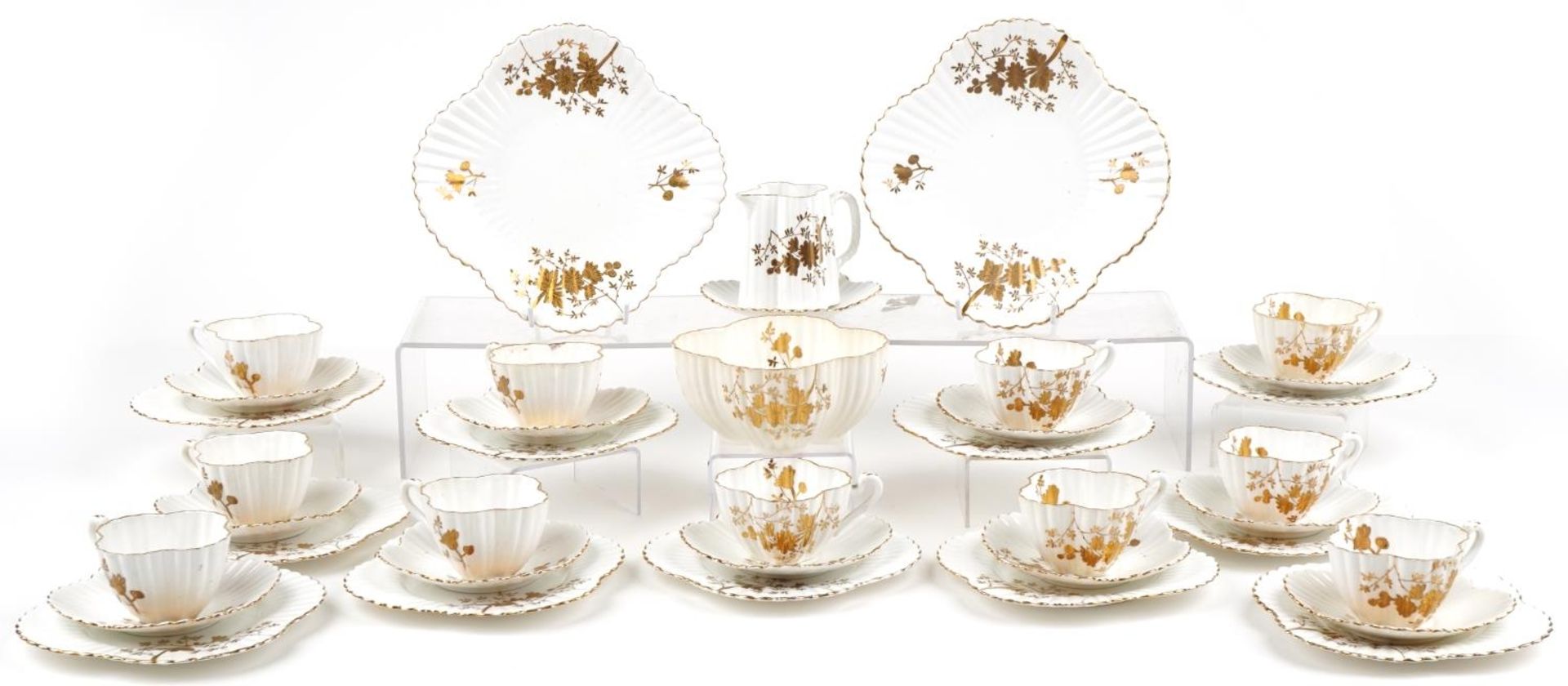 Foley Wileman aesthetic teaware gilded with flowers including trios, milk jug, sugar bowl and side