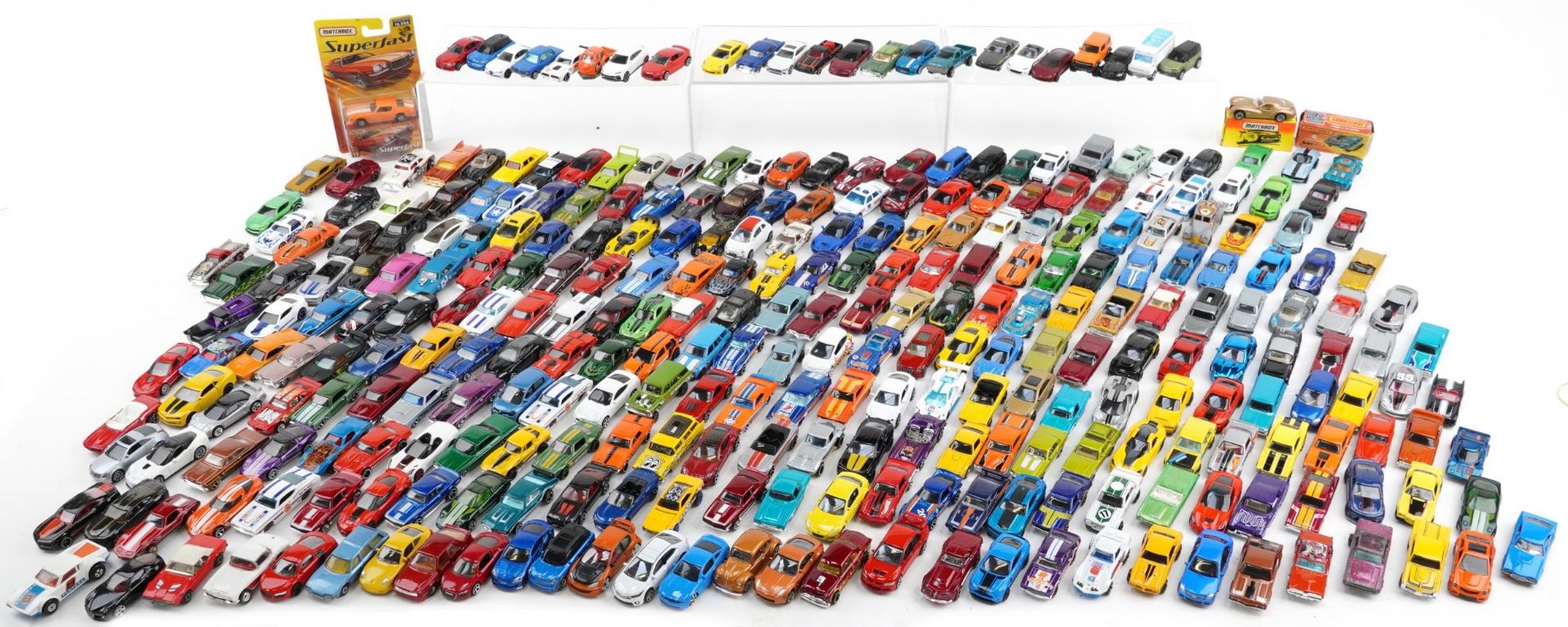 Large collection of diecast vehicles, predominantly Matchbox and Hot Wheels