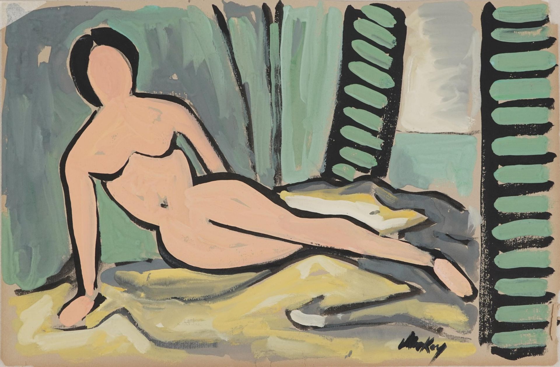 Manner of Markey Robinson - Reclining nude female, Irish school gouache on card, unframed, 51cm x