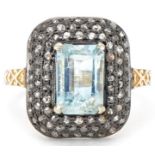 Antique style silver gilt aquamarine and diamond cluster ring, total diamond weight approximately