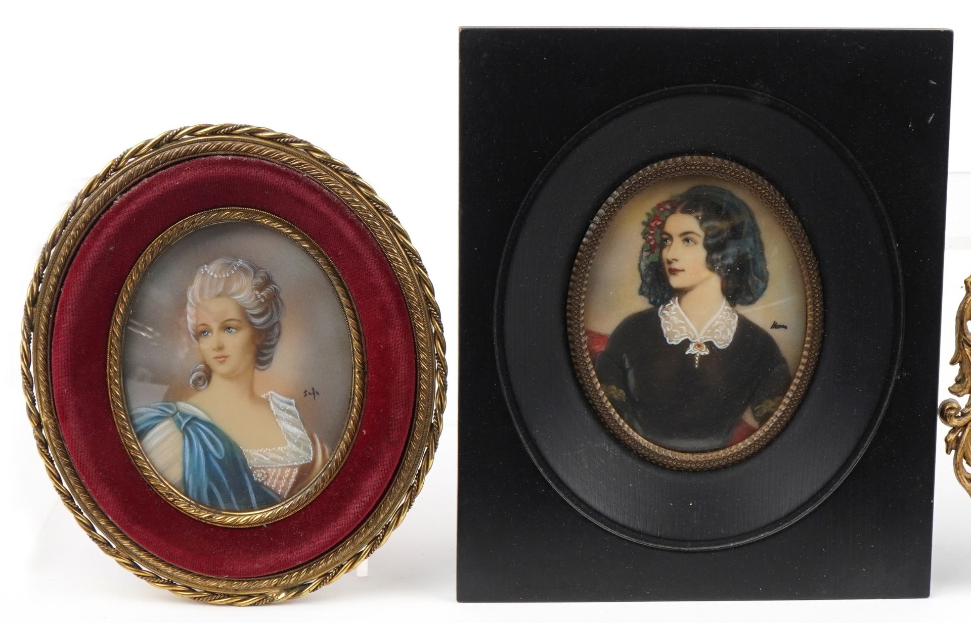 Four oval hand painted and hand coloured oval portrait miniatures including a pair housed in gilt - Image 2 of 6