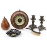 Sundry items including a 19th century oak string box in the form of a pear, pair of bronzed