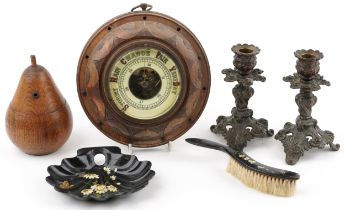 Sundry items including a 19th century oak string box in the form of a pear, pair of bronzed