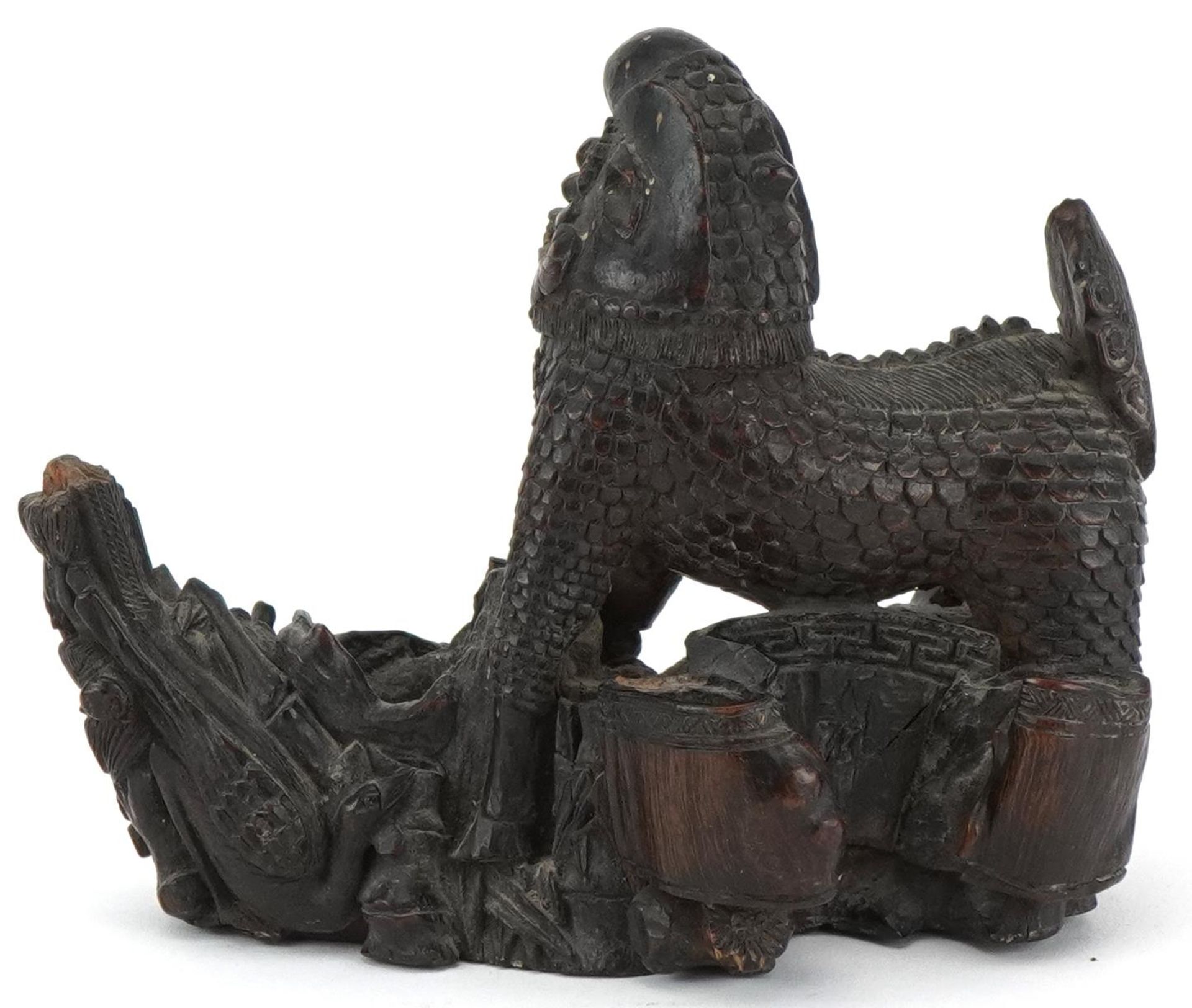 Good quality Chinese carved hardwood Foo dog, rabbit, bird and flowers with fish carved base, 13cm - Image 5 of 7