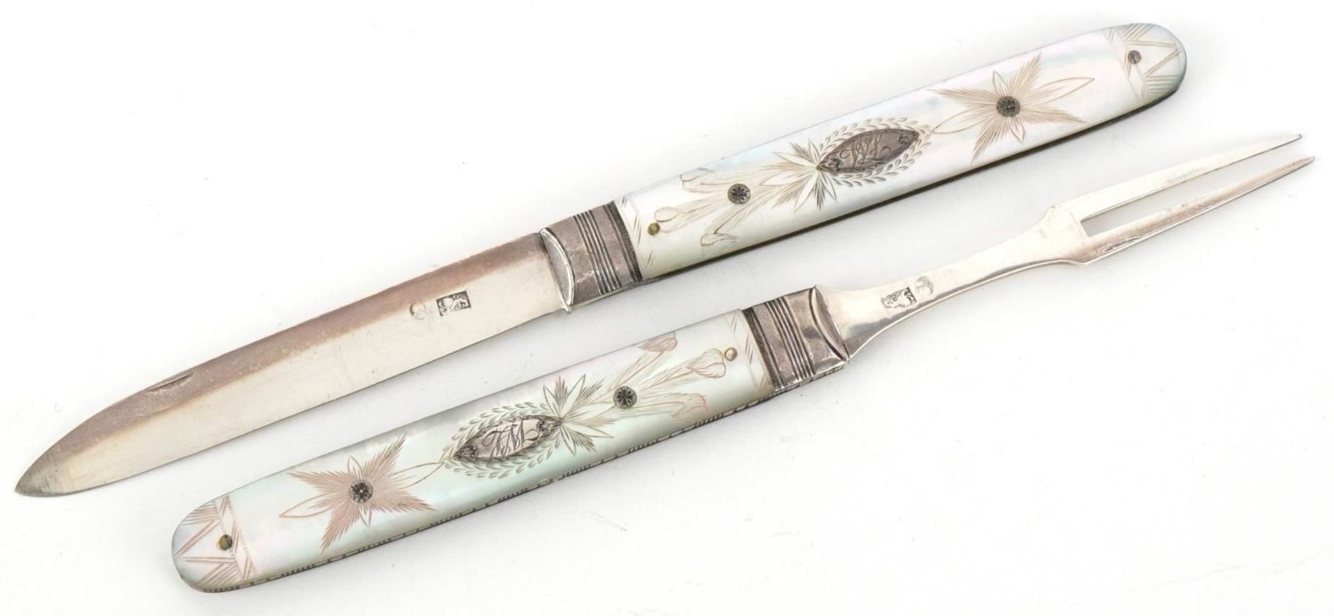 Georgian mother of pearl flanked silver folding fruit knife and fork housed in a fitted case, - Image 2 of 6