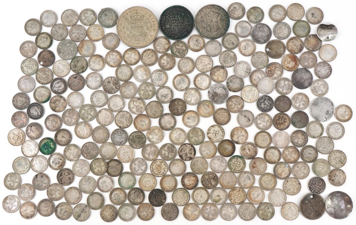 Assorted silver threepenny pieces and coinage including crown and half crowns