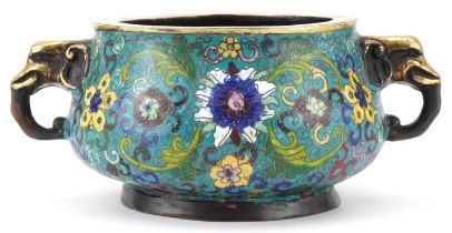 Chinese patinated bronze and cloisonne censer with elephant head handles enamelled with flowers