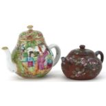 Chinese Canton miniature teapot together with a miniature hand painted Yixing teapot, the largest