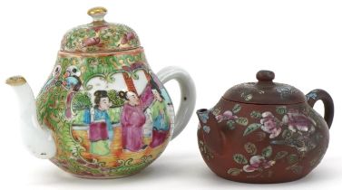 Chinese Canton miniature teapot together with a miniature hand painted Yixing teapot, the largest