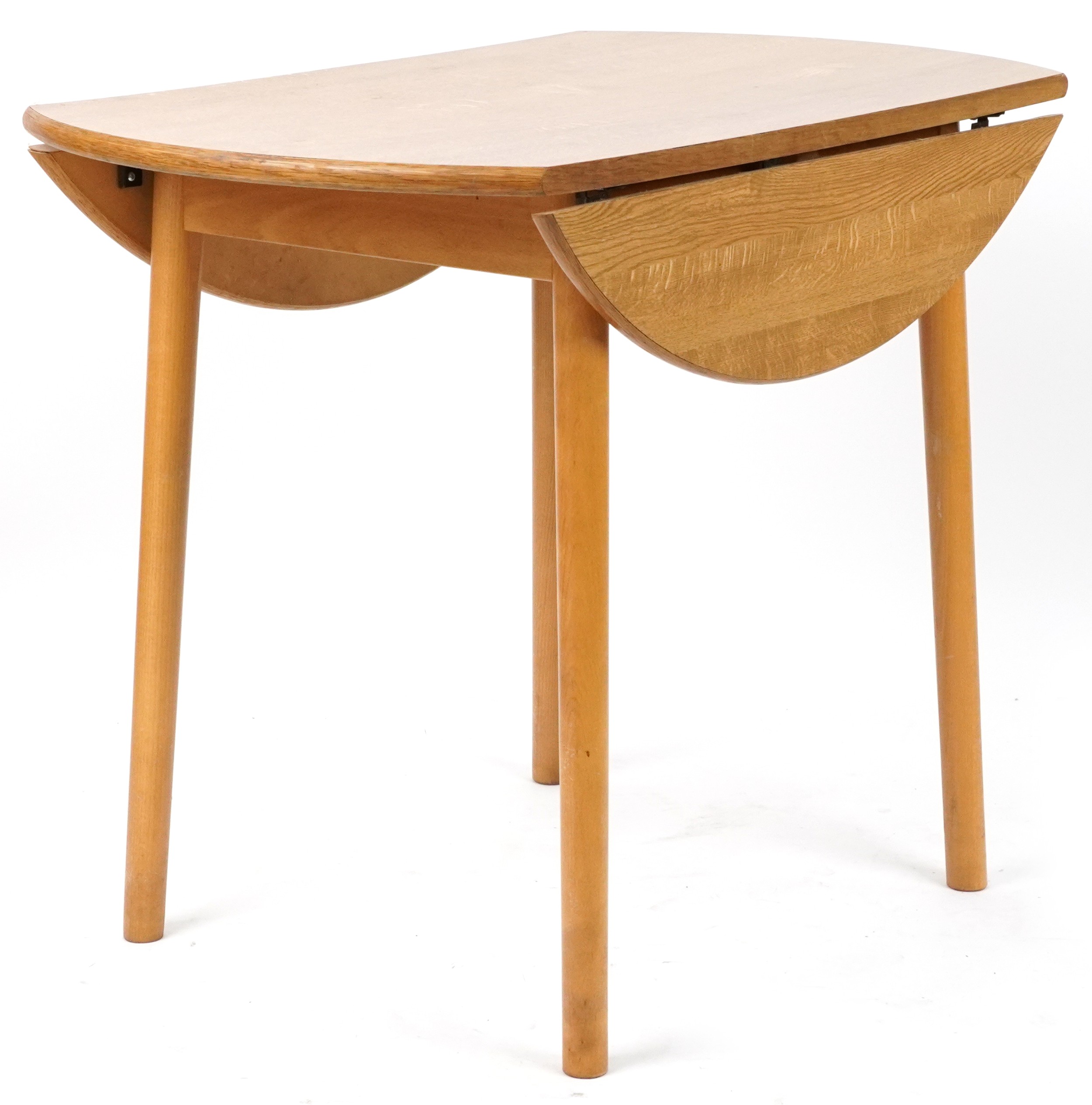 Ercol style lightwood drop end dining table with two stick back chairs, the table 74cm H x 55cm W - Image 5 of 9