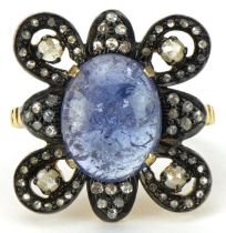 Silver gilt cabochon tanzanite and diamond cocktail ring, total diamond weight approximately 0.74